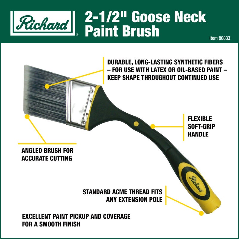 Richard 80833 Goose Neck Angular Paint Brush with Flexible Soft Grip Handle, 2-1/2" - Image 1